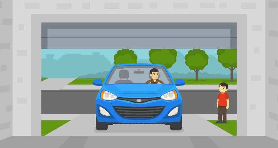 Illustration of a resident driving into his garage with a child watching.